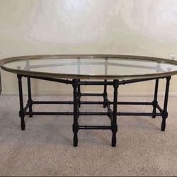 Vintage Antique Large Baker Mastercraft Hollywood Regency Faux Bamboo Brass Glass Oval Cocktail Coffee Table