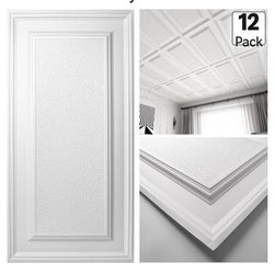 9183: New Drop Ceiling Tiles 24x48 inch White (12-Pack, 96 Sq.ft), 3D Wainscoting Panels Glue Up 2x4 FT