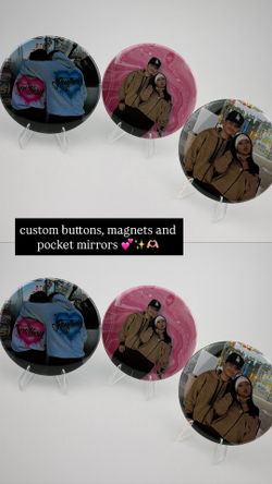 custom buttons, magnets and pocket mirrors