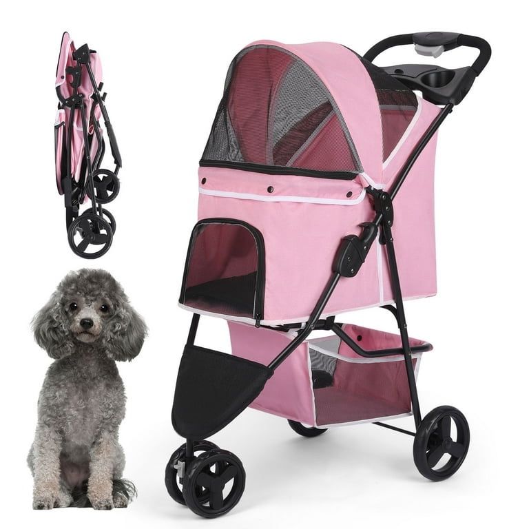3 Wheels Foldable Pet Strollers with Storage Basket and Cup Holder for Small and Medium Cats, Dogs, Puppies