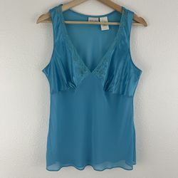 DELICATES Vintage Blue Satin V Neck Lace Flowy Sheer Lingerie Slip Tank Top