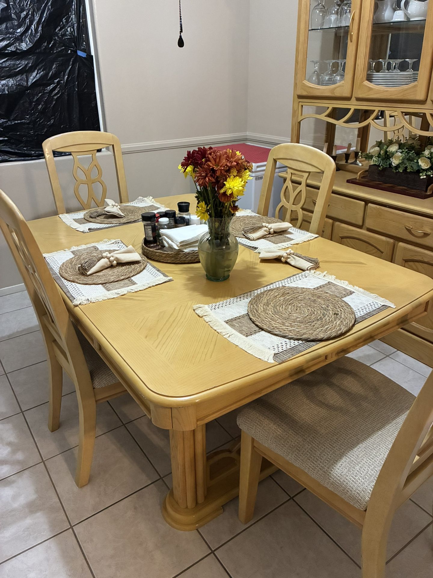 Dining Room Table, Side Table, And Hutch With Six Chairs And Leaf