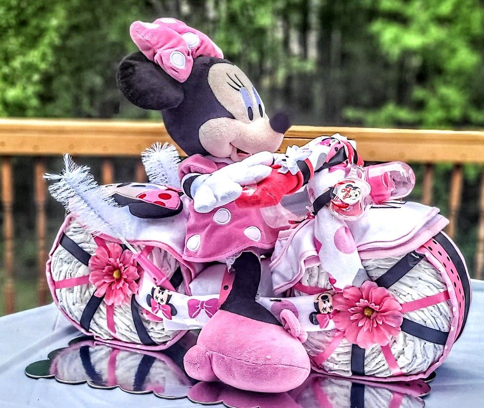 Minnie Mouse Motorcycle Diaper Cake – Girls Pink and White