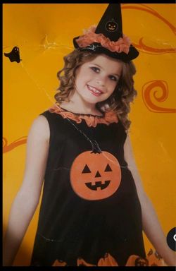 New Hallowern Costume Girls size Small 4-6 Pumpkin Witch Costume ages 3-4 years Dress Tights Hat