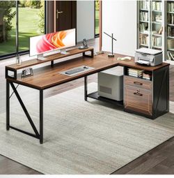 61” Walnut Executive L Desk | Locking File Cabinet | LED | Power Outlet