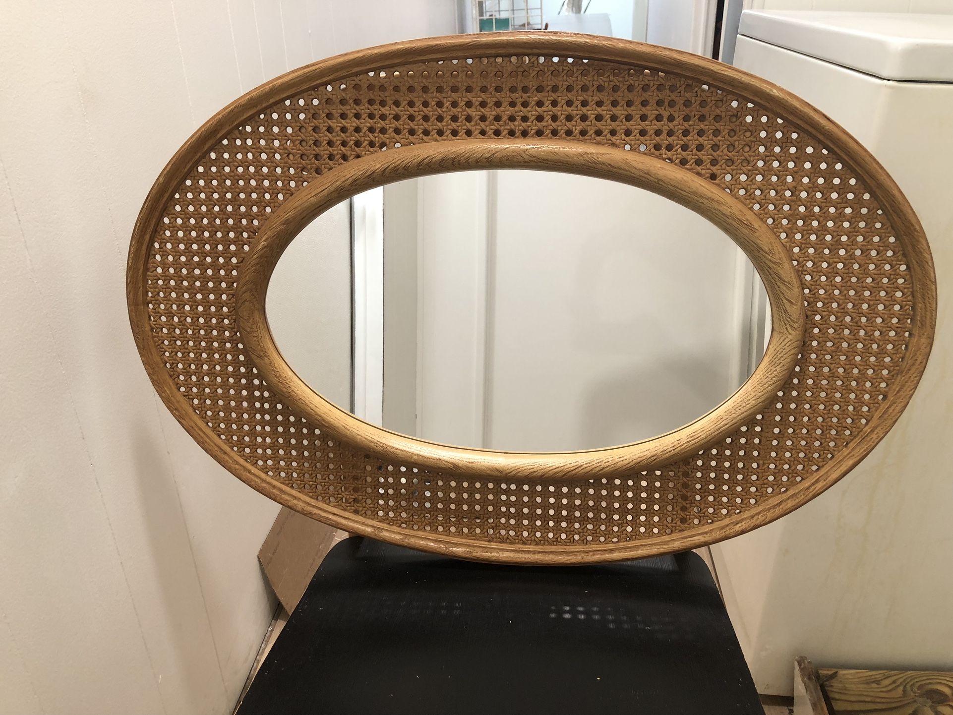 Vintage Light Brown Oval Faux Wicker Boho Mirror