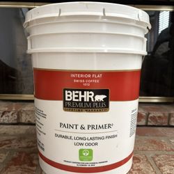 NEW BEHR FLAT PAINT & PRIMER SWISS COFFEE 5 GALLON CONTAINER