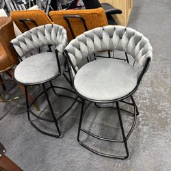 Upholstered Bar Stools Set of 2 , Velvet Barstools with Woven Back and Metal Footorest, Modern Bar Chairs for Kitchen, Dining Room (26 Inch, Gray Set