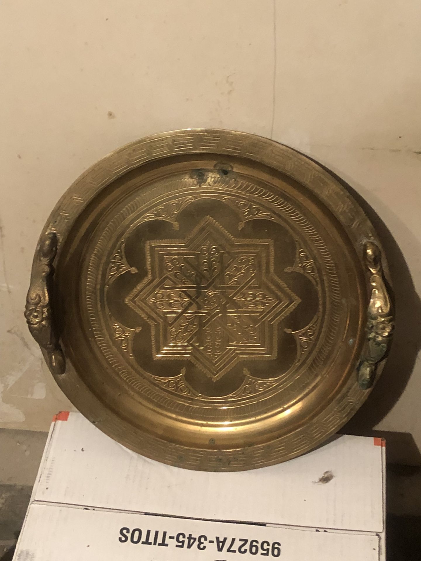 Brass Tray, Ornate Vintage Moroccan Hand Etched