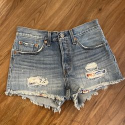 “LEVI’S 501” MID-RISE PATCHED BUTTON-FLY JEAN SHORTS