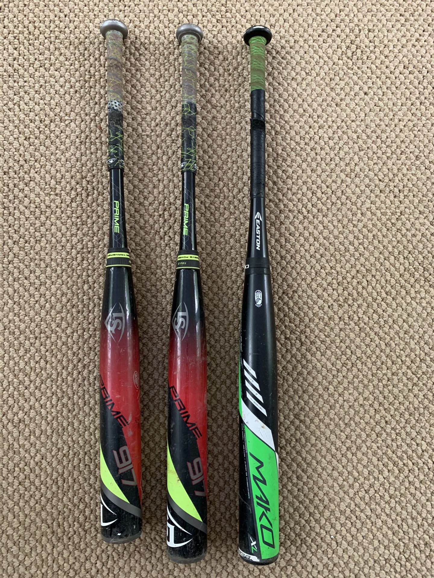 Pack of 3 USED Baseball bats: Easton Mako XL and Louisville Slugger Prime 917 (x2)