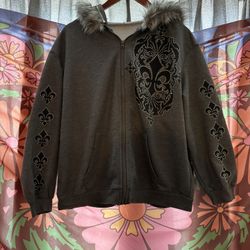 Rhinestone Gray Zip Up Fur Hoodie 