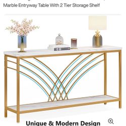   Long Console Table  70.9" Console Table, Faux Marble Entryway Table With 2 Tier Storage Shelf