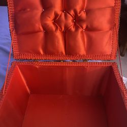 Vintage Wicker Sewing Box Lined With Red Satin GORGEOUS 