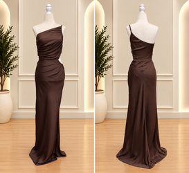 Espresso Satin One-Shoulder Maxi Dress