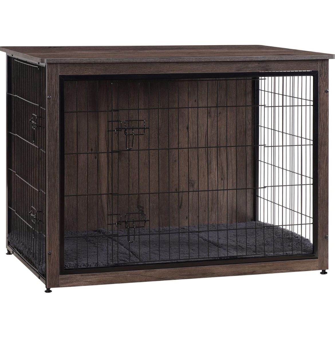 Dog Crate Furniture with Cushion, Wooden Kennel Table with Double Doors, Indoor Dog House, Extra Large Size, 43.3" L, Dark Gray