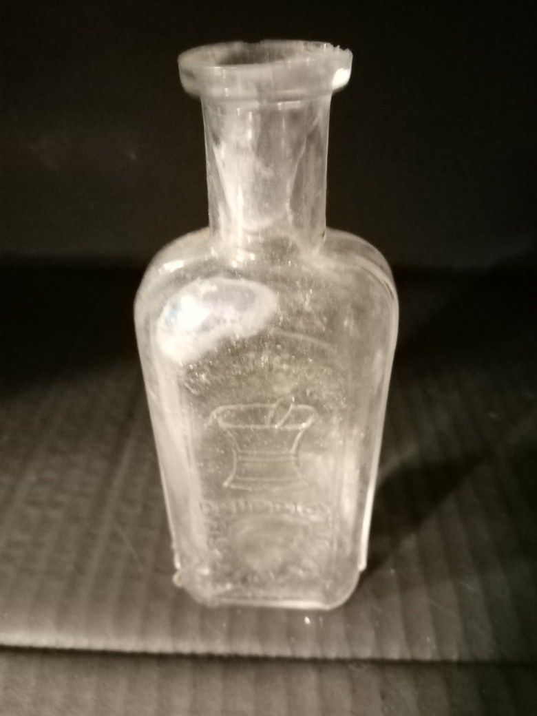 Antique Pharmacy Druggist Bottle Prescription Work- Mortar and Pestle Design