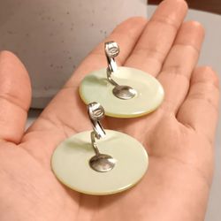 Light Green  Colored Button earrings - Clip on silver tone 1.5" Inches across