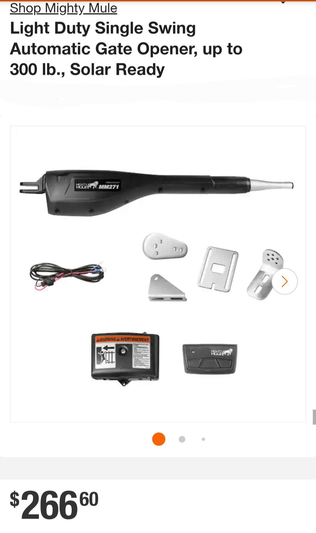 Light Duty Single Swing Automatic Gate Opener, up to 300 lb., Solar Ready