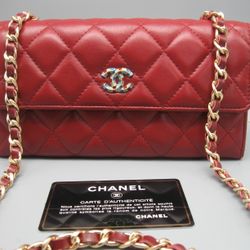 Chanel Red Lambskin Leather CC Flap Bag Wallet 