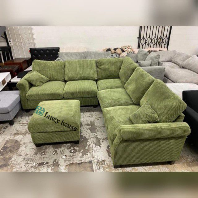 Corduroy Livingroom Sectional Couch Set With Ottoman 