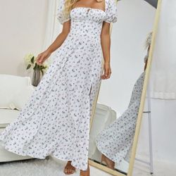 White Floral Off/On Shoulder Short Sleeve Maxi Dress Women’s XS