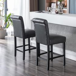 Modern Bar Stools – Set of 2 Black Faux Leather, 26” Counter Chairs