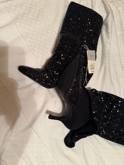 Black Sequin Stiletto Knee-High Boots
