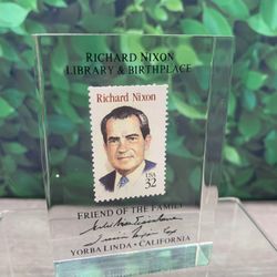 President Richard Nixon Library & Birthplace Acrylic Paperweight with 32c stamp 