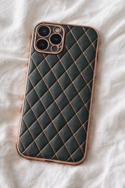 Premium Black Quilted Leather Phone Case with Rose Gold Trim for iPhone 12ProMax