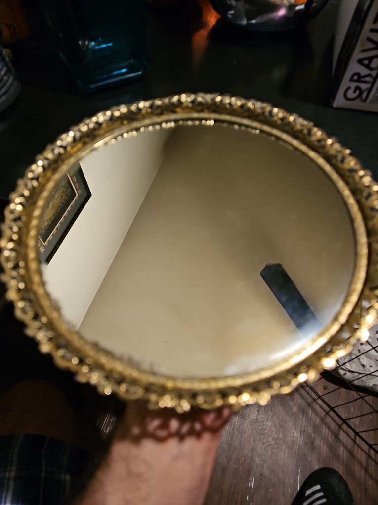 Vintage Mid Century Round Vanity Mirror Tray