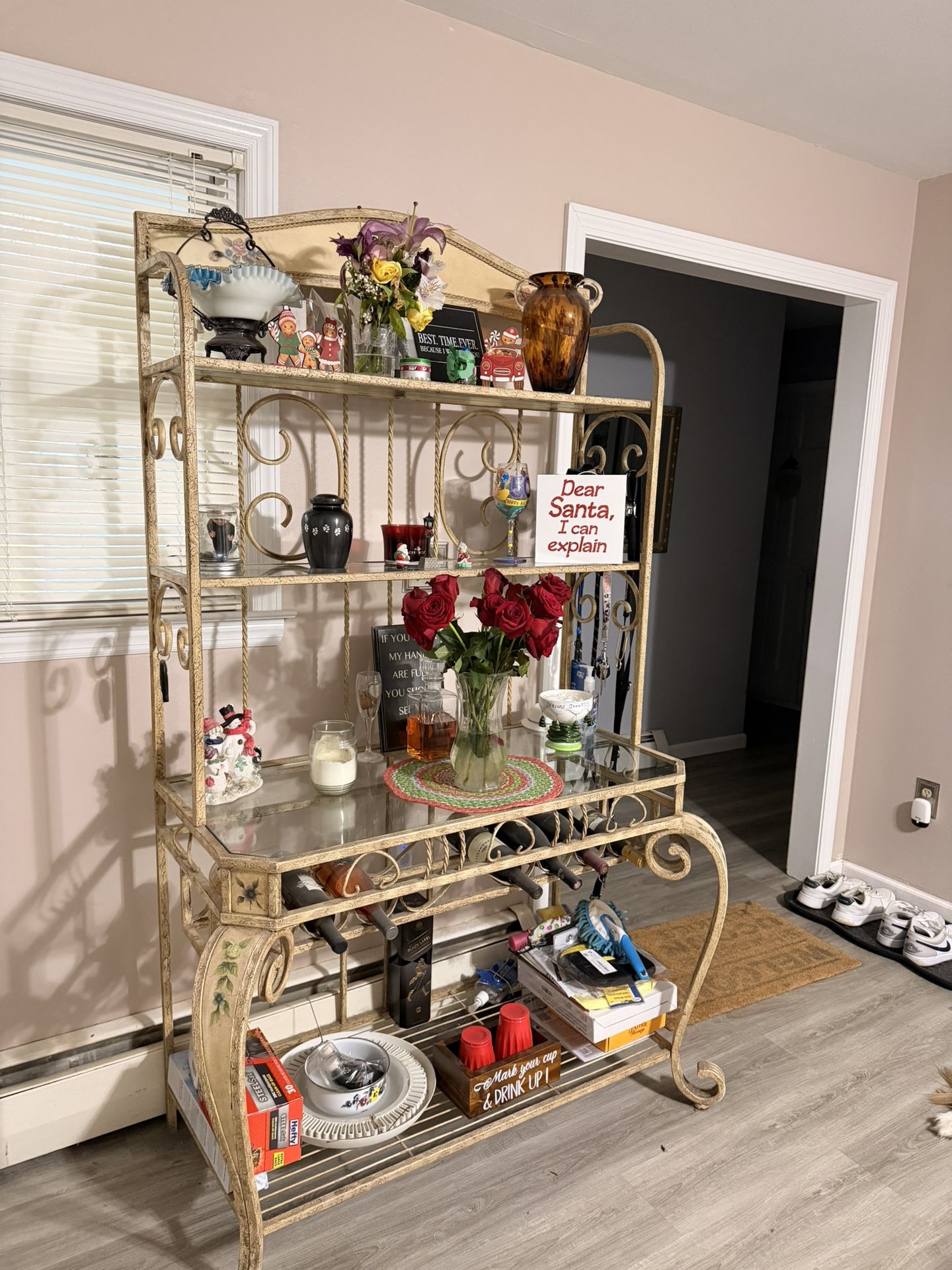 Iron bakers rack W/ Wine Rack & Glass Shelves