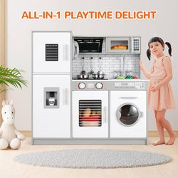 Play Kitchen for Kids, Wooden Chef Pretend Toy Kitchen w/Washing Machine, Water Dispenser, Stove, Real Sound & Light, Telephone, Range Hood, Oven, Sin