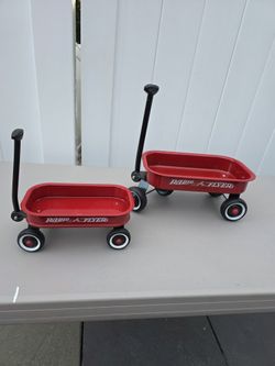 2 vintage doll sized red radio flyer wagons