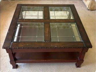 Large Square Dark Wood Coffee Table – Glass Inserts & Studded Faux Leather Border