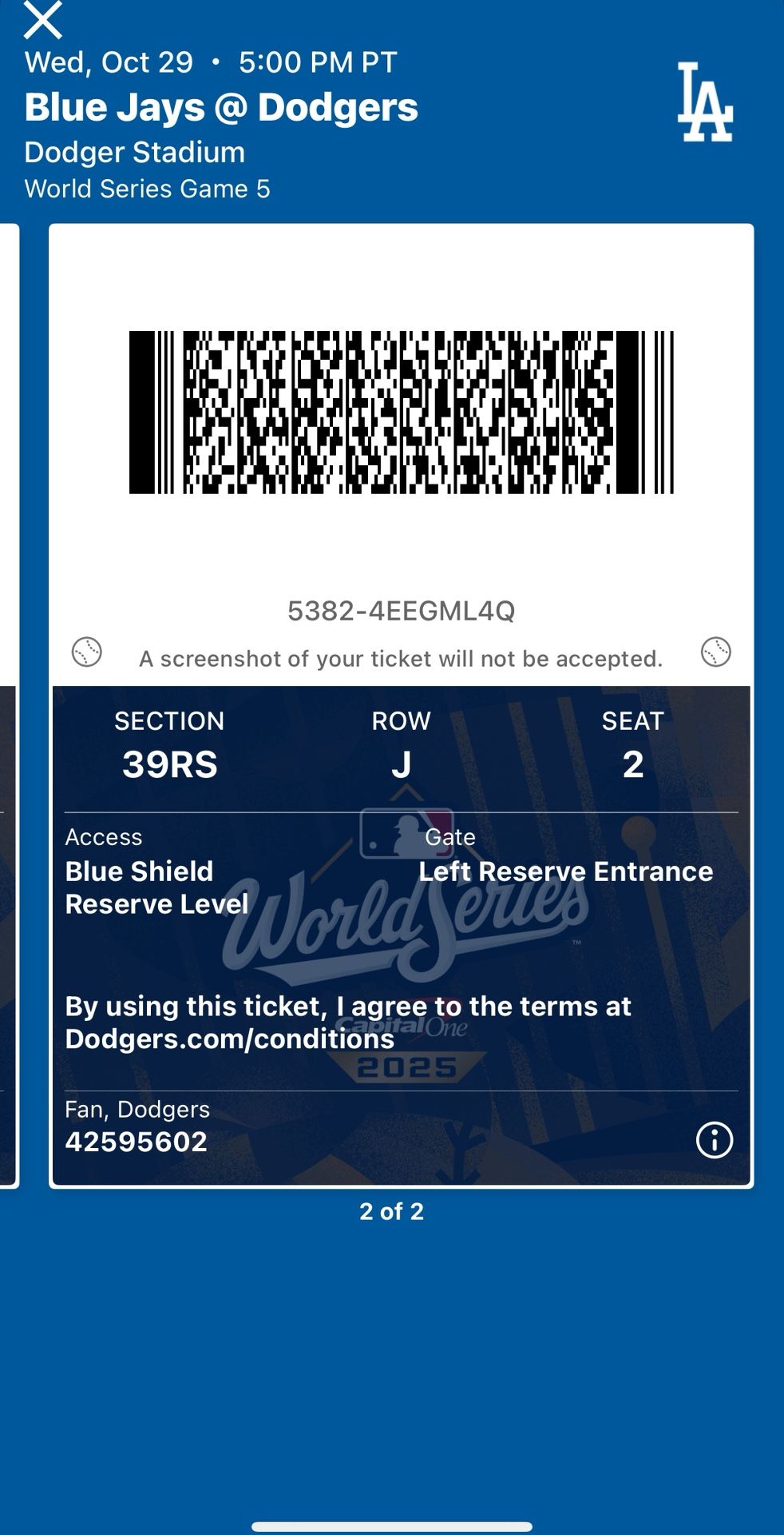 2 World Series 10/29 Dodgers Vs Blue Jays