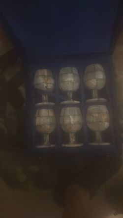 Vintage 6 Banded Onyx Stone Goblets Marble Wine 4" in velvet case