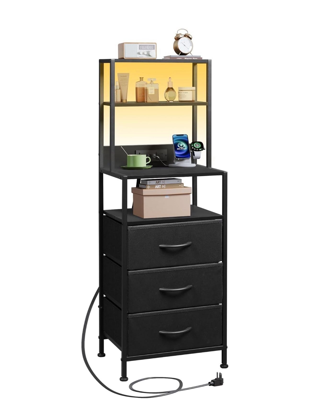WLIVE Tall Nightstand with Charging Station, LED Night Stand with 3 Fabric Drawers and Storage Open Shelves, Bedroom Nightstand table, Bed Side Table