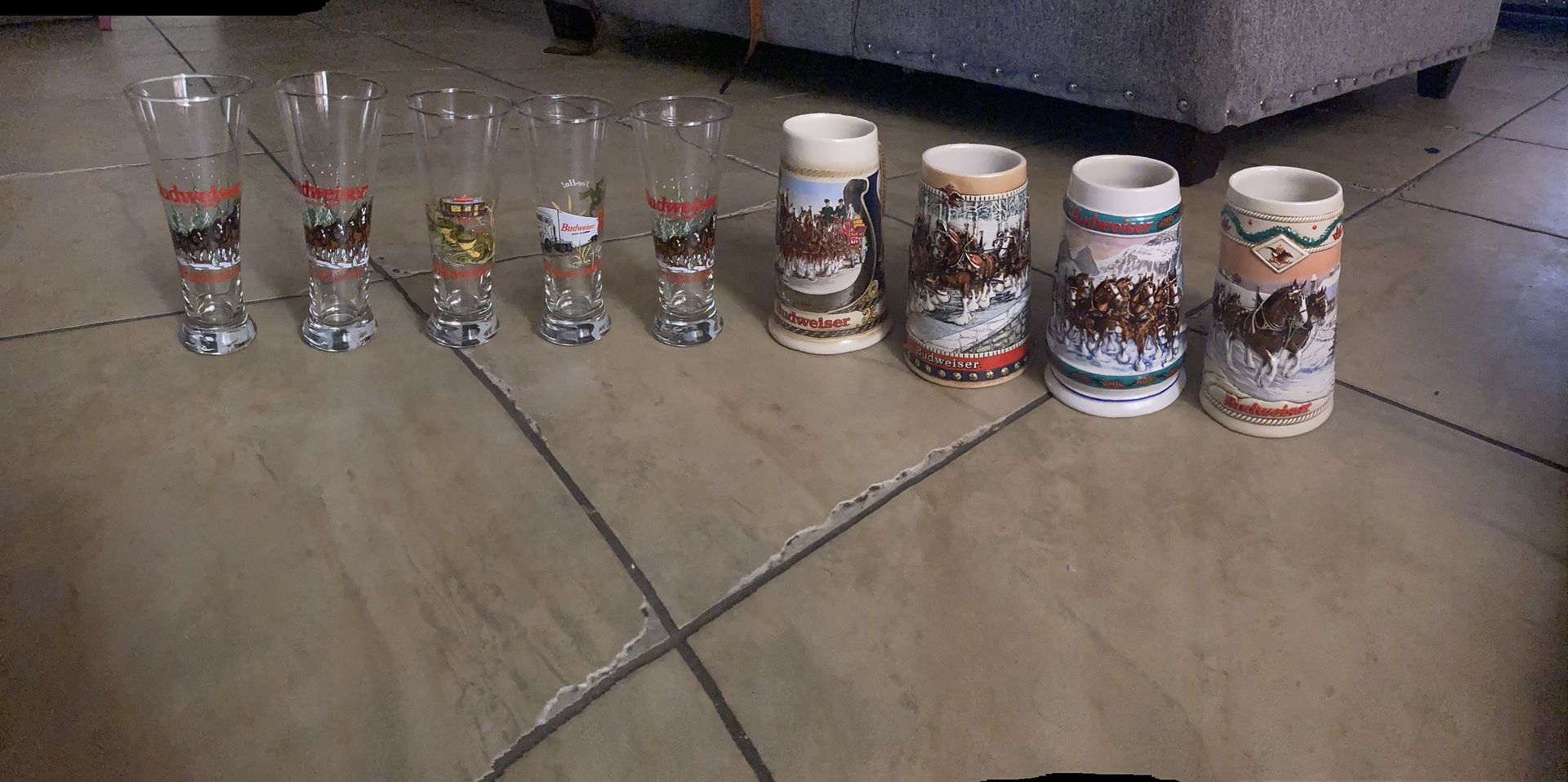 4 Budweiser Stein And 5 Beer glasses
