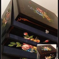 NEW IN BOX VINTAGE HAND PAINTED FLORAL FLOWER ROSE BRASS STORAGE SILVERWARE JEWELRY BOX CHEST CABINET DRAWER ARMOIRE ACCENT TABLE DECOR DISPLAY