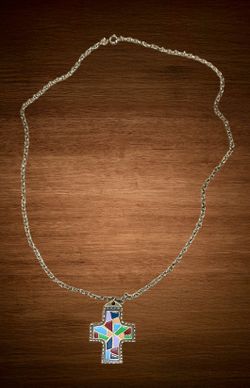 VINTAGE CROSS PENDANT ENAMEL “TERRA SANCTA GUILD” COLORFUL DESIGN AND LONG CHAIN