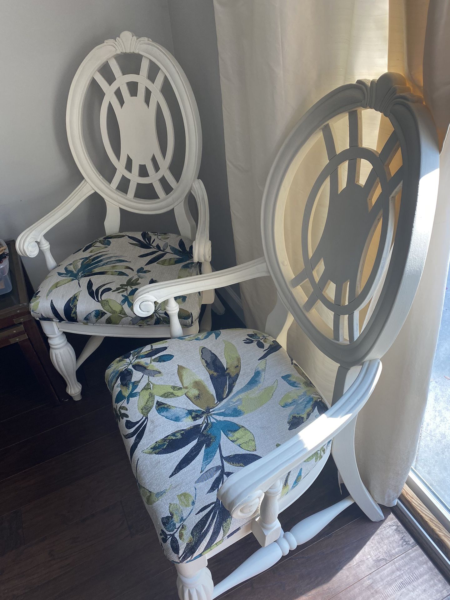 Set of 2 vintage solid wood armchairs - hand painted and replaced fabric