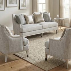 A.R.T. Sofa, 2 Chairs, Elegant metallic brushed gold wooden finishes, gray and neutral tones