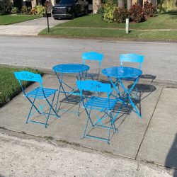 Two Folding Tables And Four  Folding Metal Chairs Blue