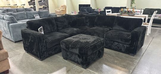 Black Corduroy Sectional Sofa with Ottoman
