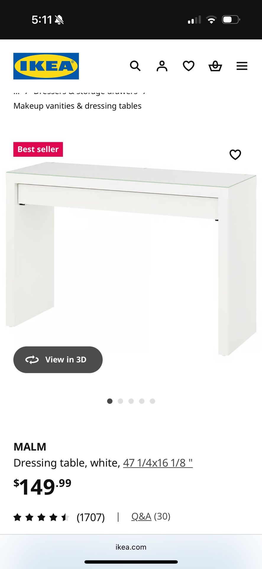 IKEA MALM Dressing Table - White