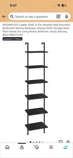 Ladder Shelf, 6-Tier Wooden Wall Mounted Bookshelf, Narrow Bookcase, Display Shelf, Storage Rack, Plant Stand,