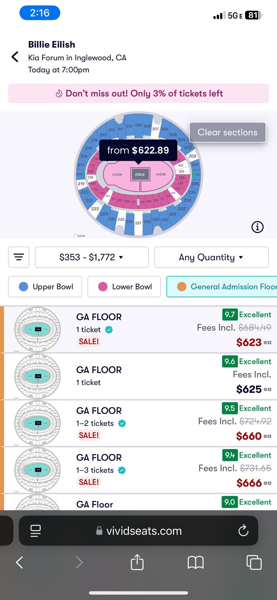 1 GA floor Seat To Billie Eilish Tn 12/20