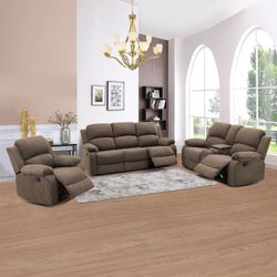 3pc Sofa Set - Soft Brown Corduroy Sofa Set with Reclining Seats