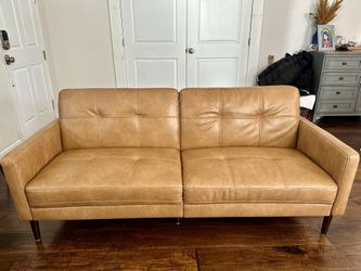 CHITA 3-Seat Tufted Sofa Couch, Faux Leather, Cognac Brown